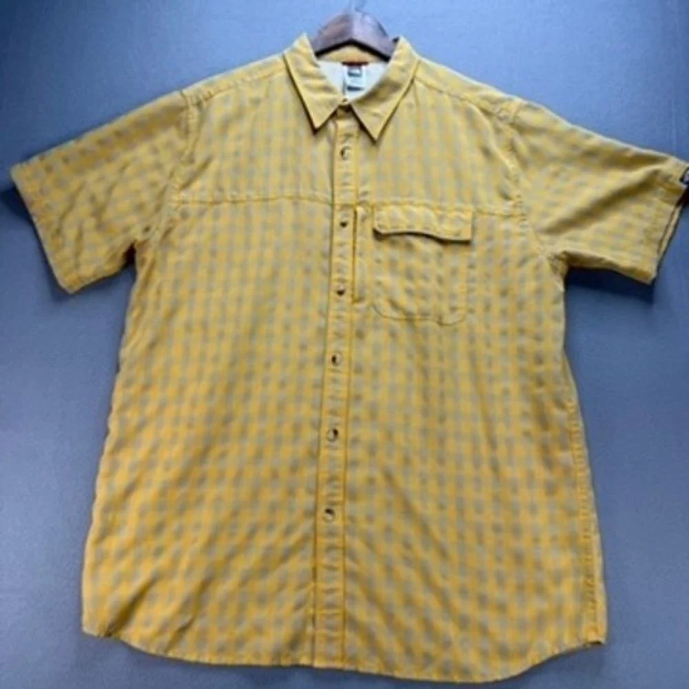 The North Face Button Down Mens XL Yellow Gingham AH6S Short Sleeve Hiking Shirt